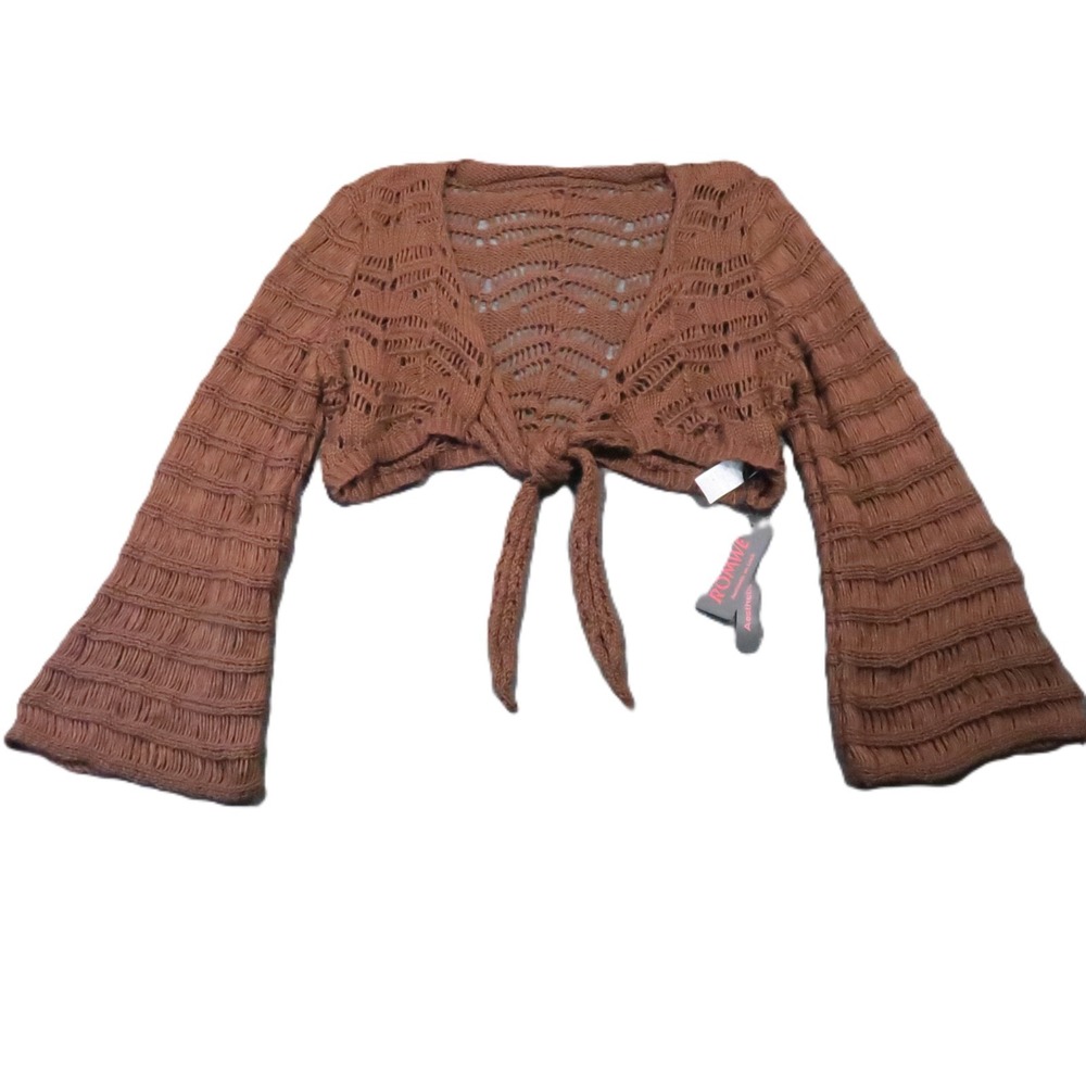 Romwe Crochet Open Knit Tie Front Cropped Top 0XL Brown Bell Sleeve Boho Y2k NEW